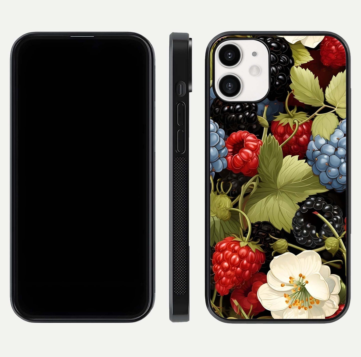 Berry Bloom Charm Glass Case for iPhone 12 Mini front-and-back layout showing floral pattern continuity and smooth glass shine