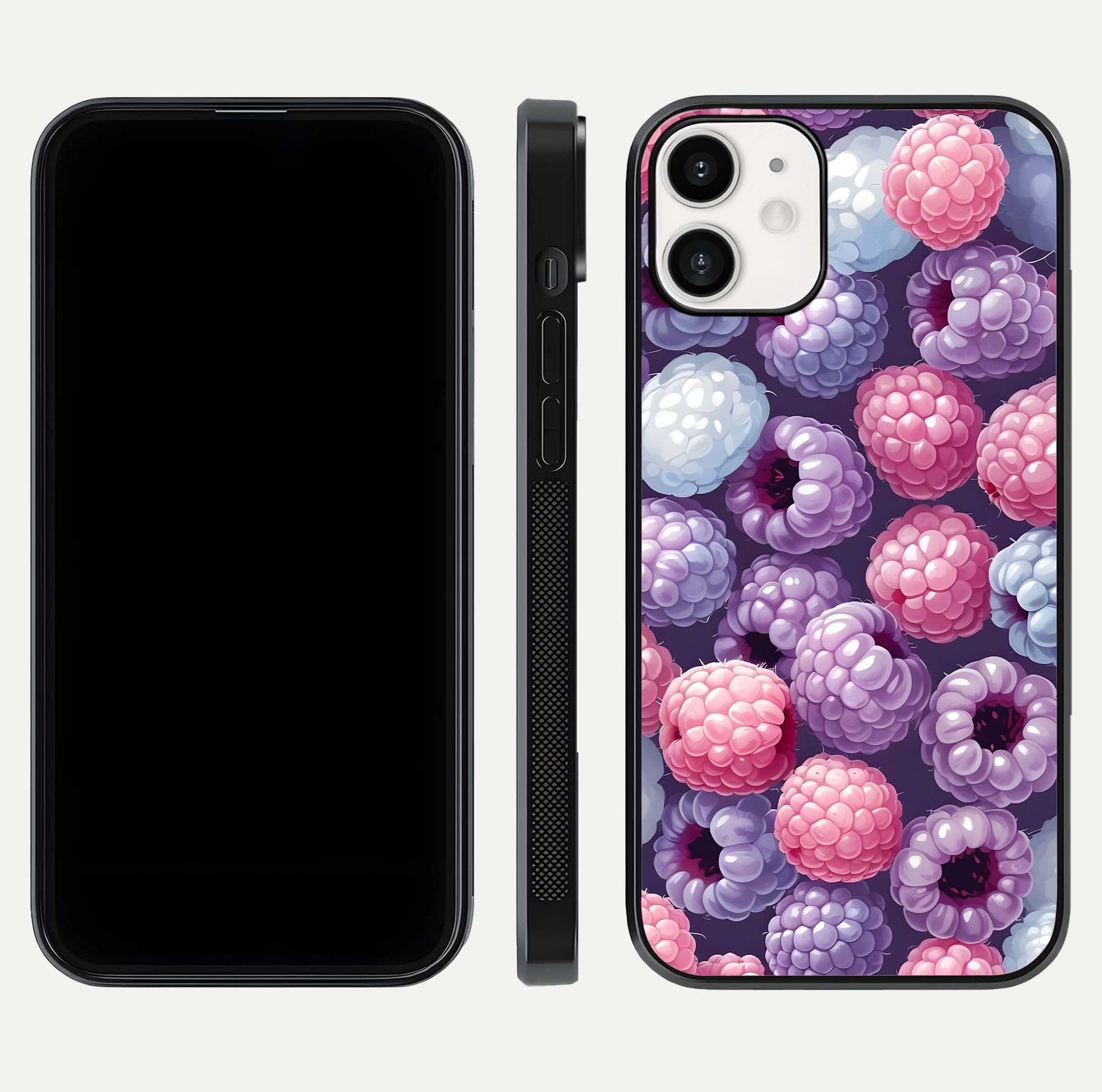 Berry Candy Pop Glass Case for iPhone 12 Mini front-and-back layout showing colorful pattern and sleek protective frame