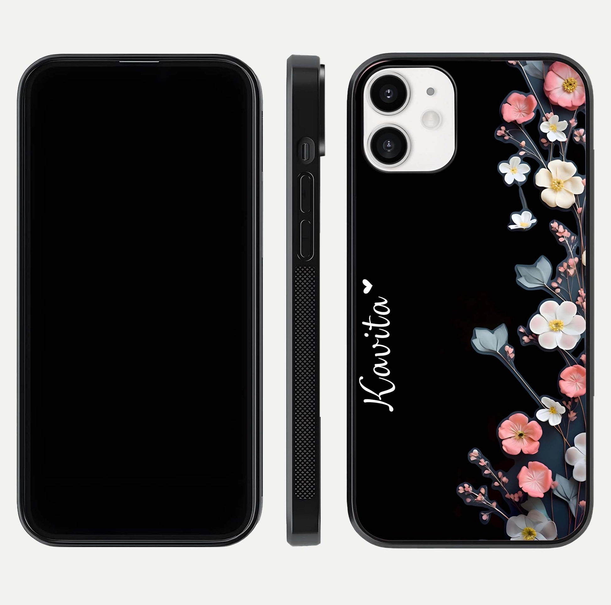 Black Elegance Floral Custom Name Glass Case for iPhone 12 Mini dual-view layout displaying name placement and gloss finish