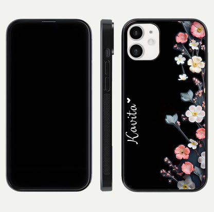 Black Elegance Floral Custom Name Glass Case for iPhone 12 Mini dual-view layout displaying name placement and gloss finish