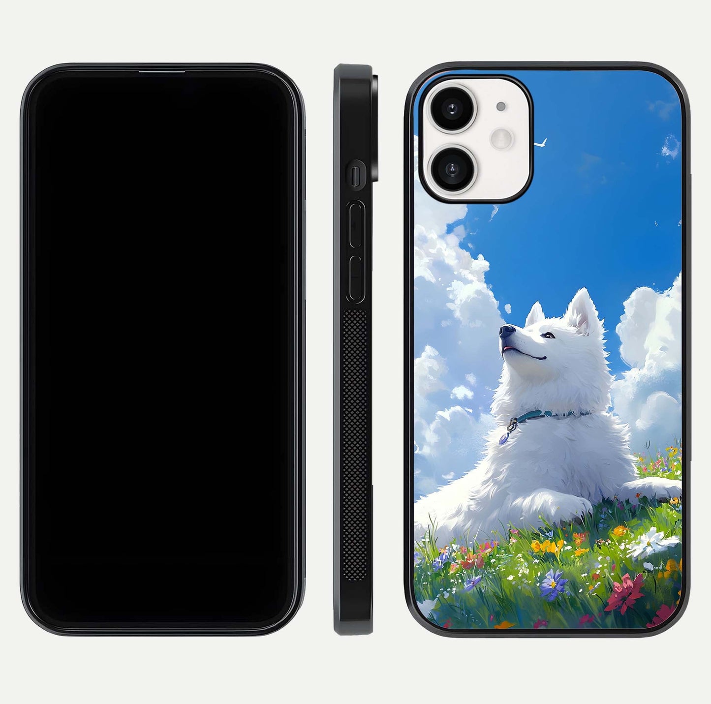 Blissful Cloud Pup Glass Case for iPhone 12 Mini front-and-back layout showing art alignment and edge design