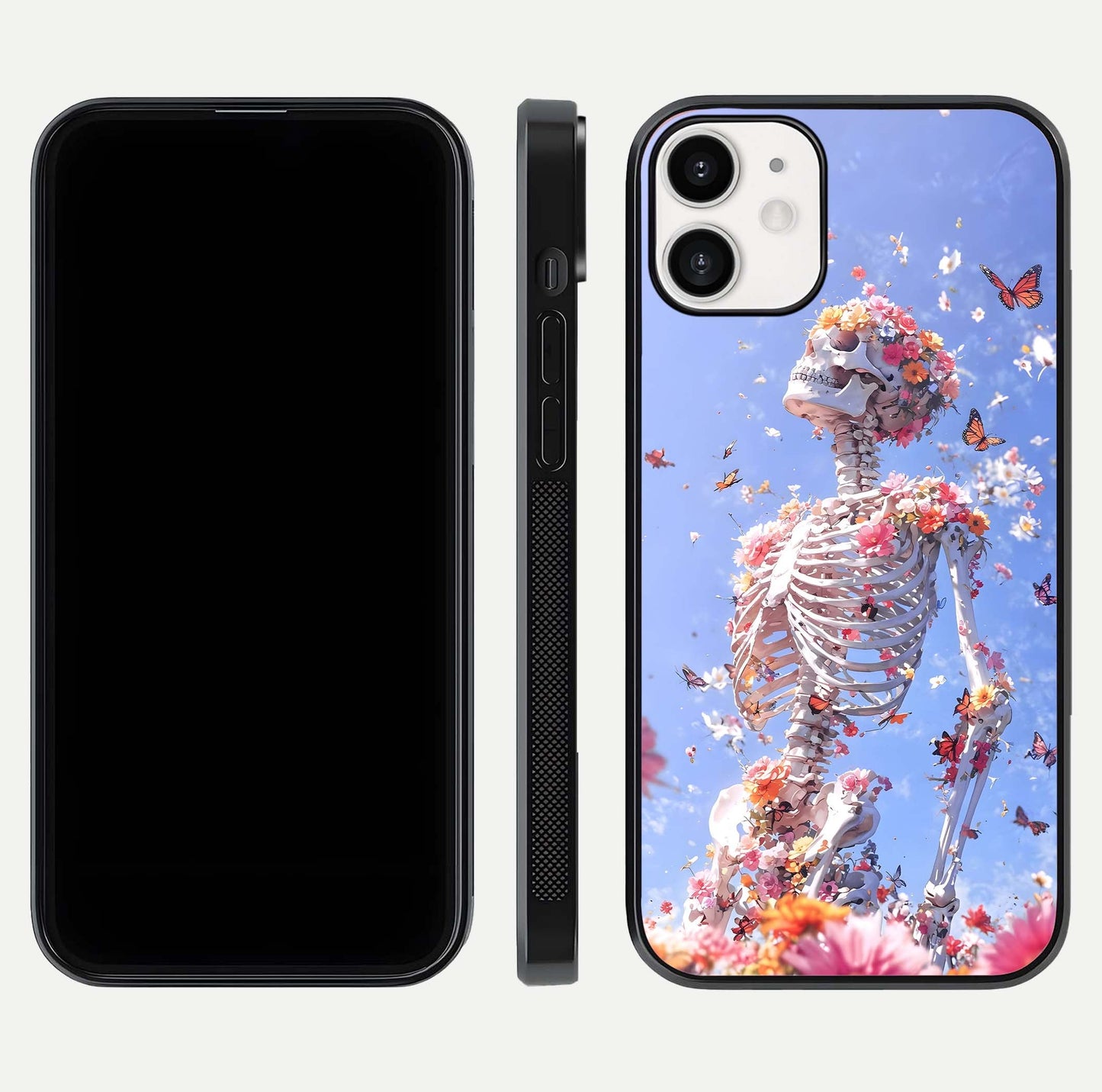 Bloom Beyond Bones Glass Case for iPhone 12 Mini dual-view layout showing creative aesthetic and edge design