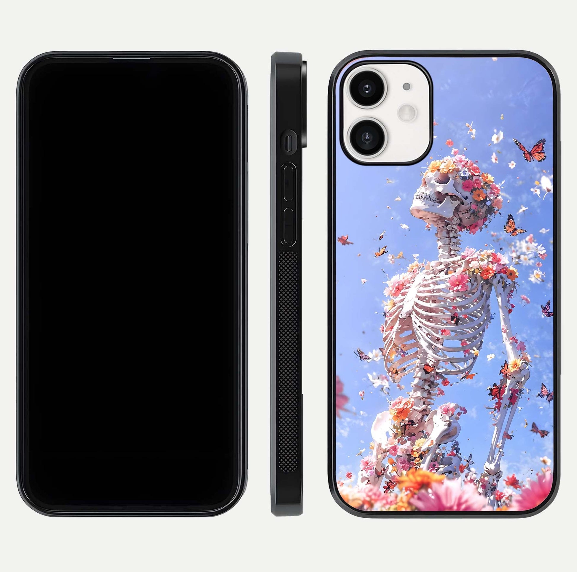 Bloom Beyond Bones Glass Case for iPhone 12 Mini dual-view layout showing creative aesthetic and edge design