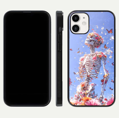Bloom Beyond Bones Glass Case for iPhone 12 Mini dual-view layout showing creative aesthetic and edge design