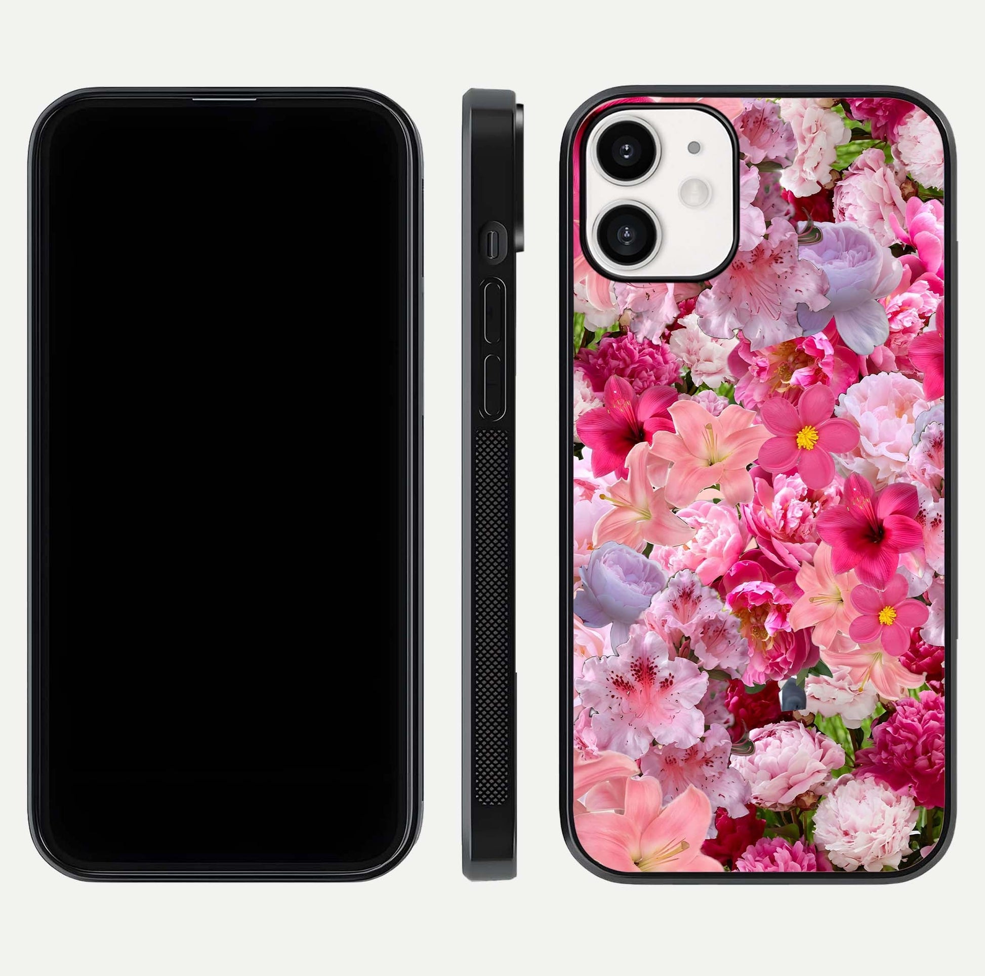 Bloom Crush Fantasy Glass Case for iPhone 12 Mini dual-view layout highlighting edges and premium shine