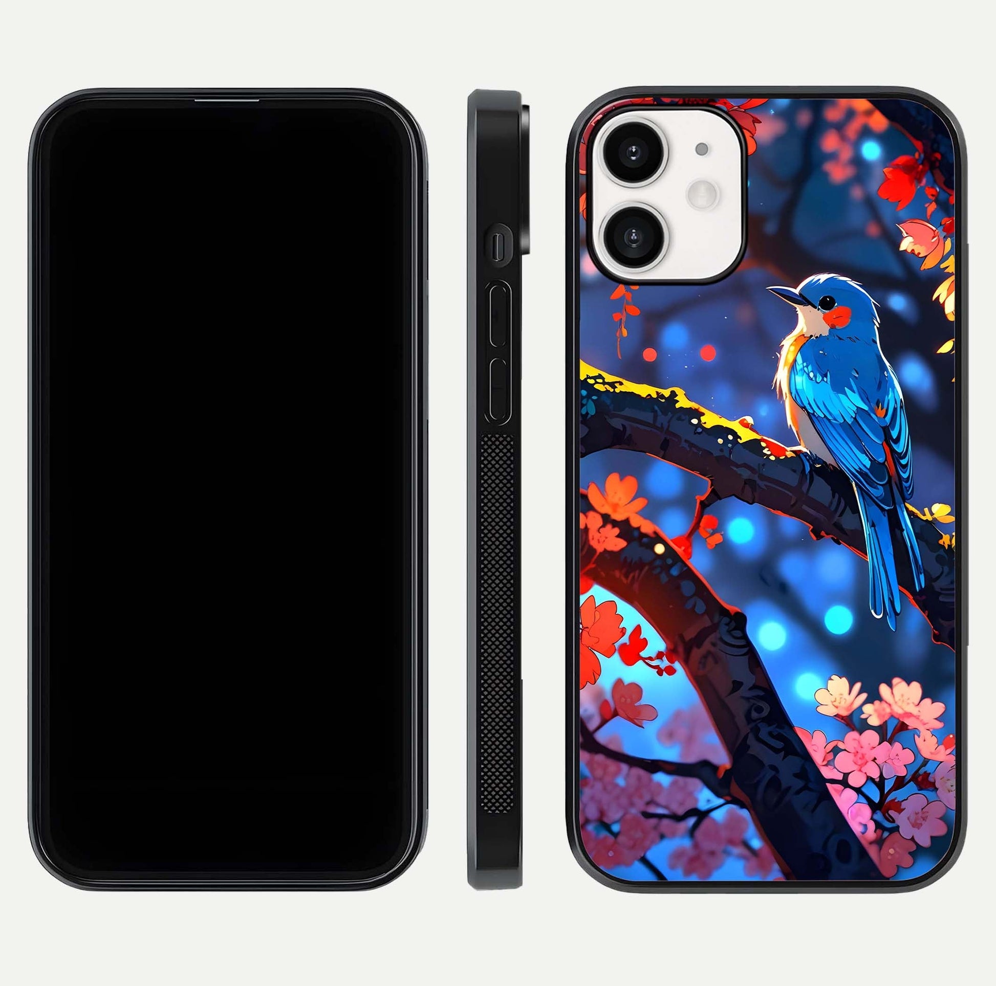 Blooming Spendor Bird Glass Case for iPhone 12 Mini front-and-back view showing nature print and protective edge