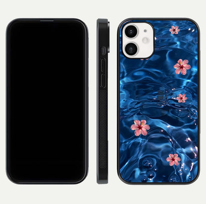 Blooming Water Drift Glass Case for iPhone 12 Mini front-and-back layout highlighting edge design and serene water bloom art