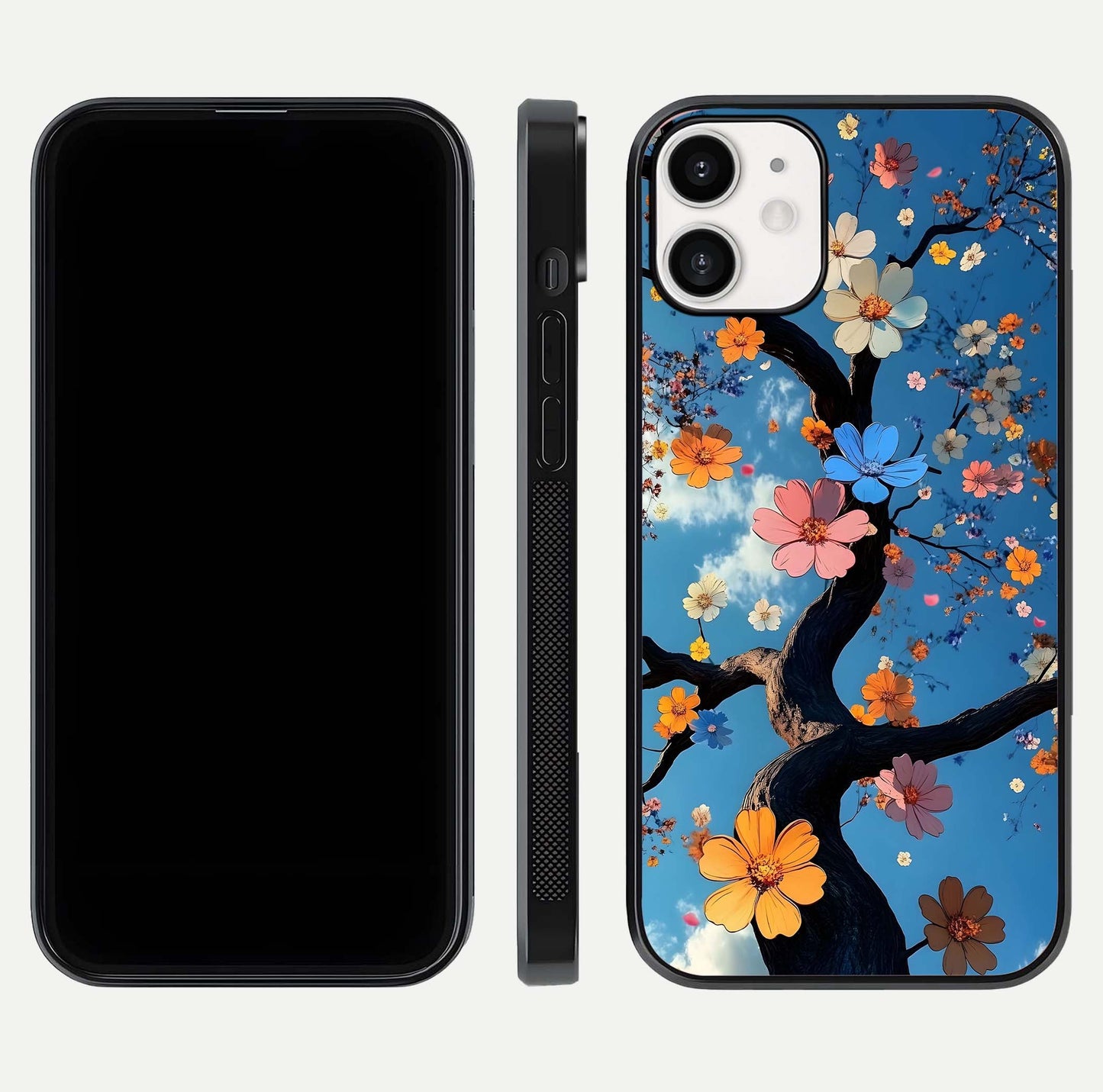 Blossom Dream Sky Glass Case for iPhone 12 Mini front-and-back layout showing floral print and premium edge gloss