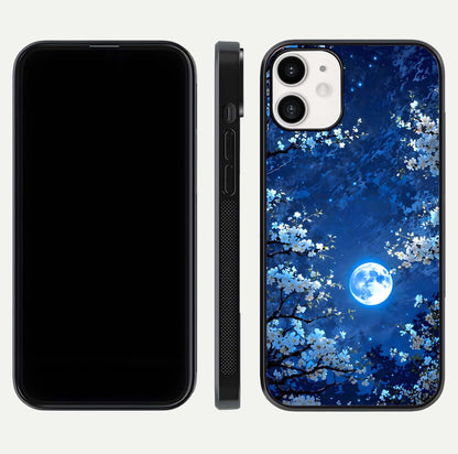 Blossom Moonlight Sky Glass Case for iPhone 12 Mini dual-view layout highlighting sky gradient and floral composition
