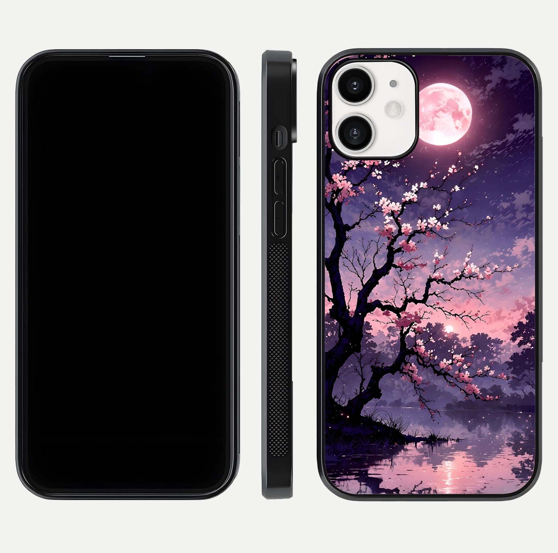 Blossom Pink Moon Glass Case for iPhone 12 Mini front-and-back layout showing minimal edges and artistic flower print