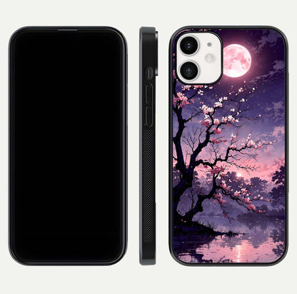Blossom Pink Moon Glass Case for iPhone 12 Mini front-and-back layout showing minimal edges and artistic flower print