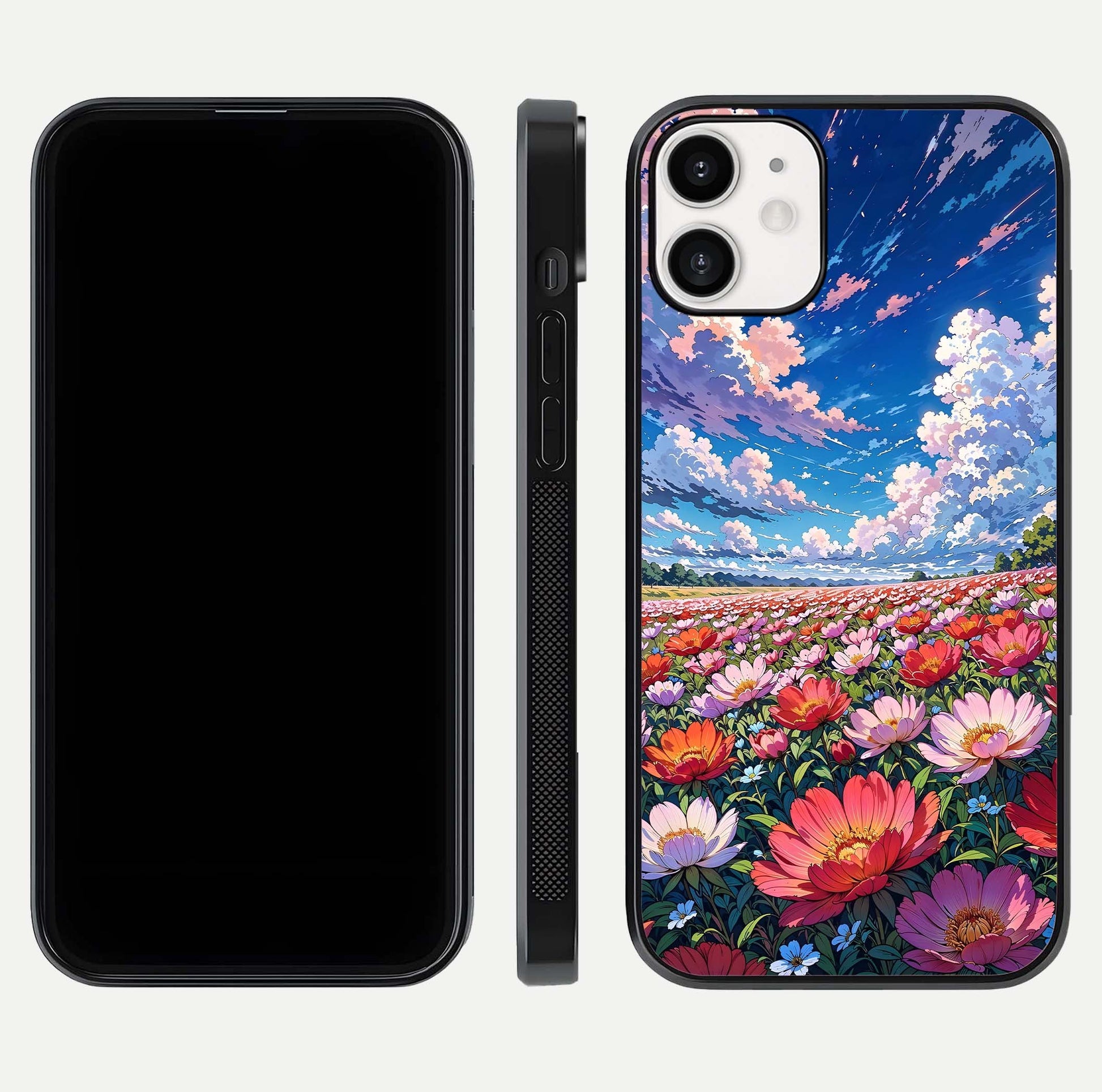 Blossom Sky Field Glass Case for iPhone 12 Mini front-and-back layout highlighting design edges and gloss clarity