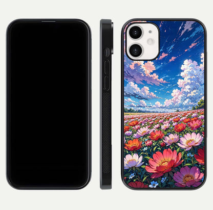 Blossom Sky Field Glass Case for iPhone 12 Mini front-and-back layout highlighting design edges and gloss clarity