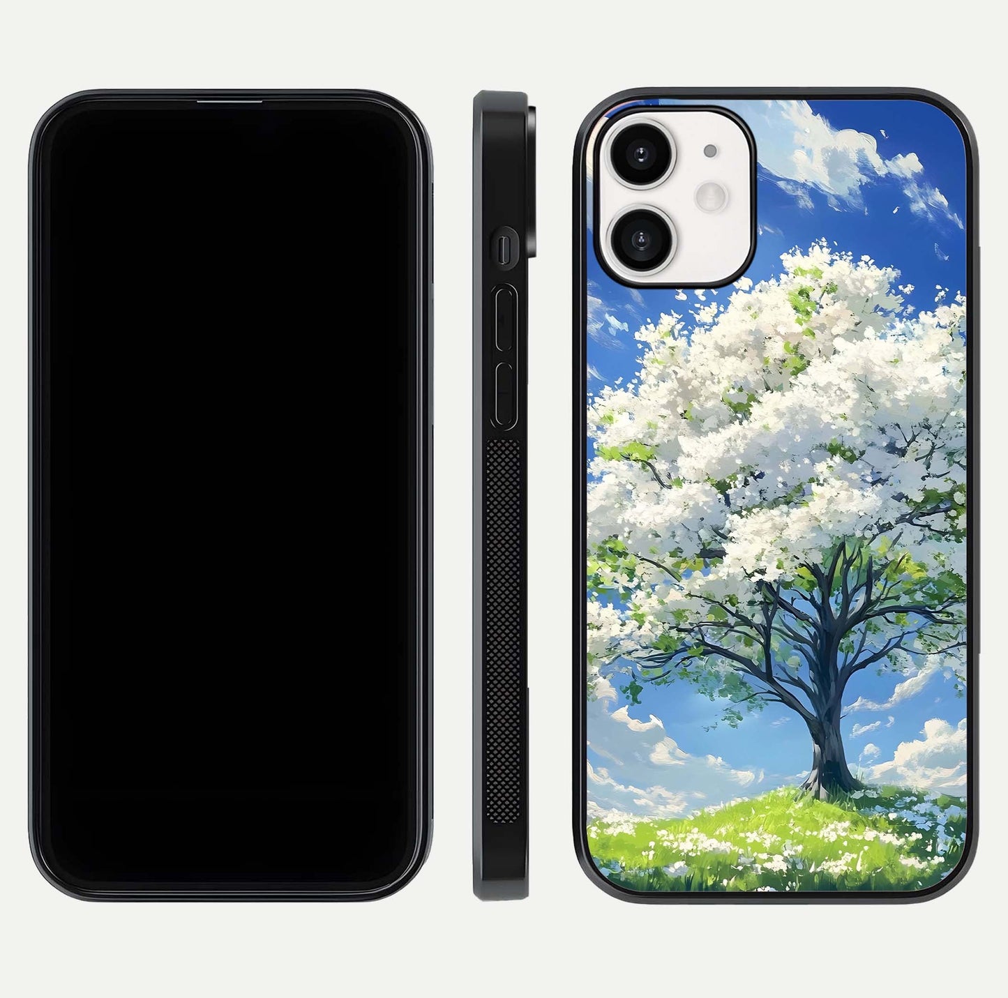 Blossom Sky Serenity Glass Case for iPhone 12 Mini dual-view layout showing pastel hues and soft protective edges