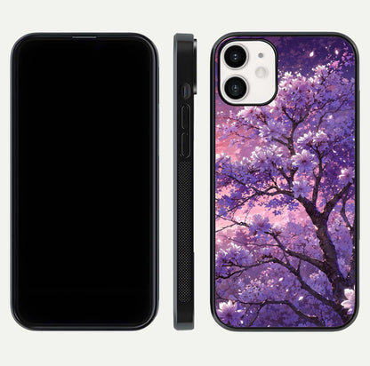 Blossom Tree Glass Case for iPhone 12 Mini front-and-back layout showing art alignment and gloss reflection