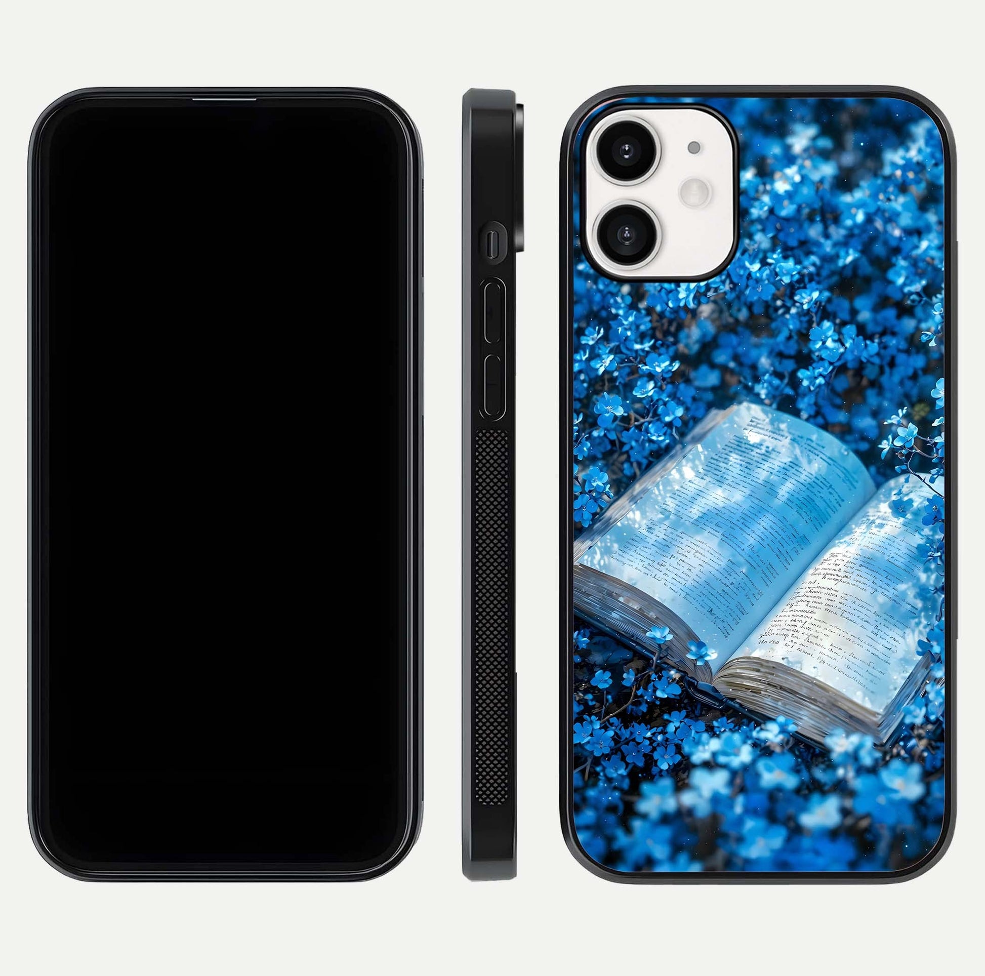 Blue Bloom Tales Glass Case for iPhone 12 Mini dual-view layout highlighting shine, floral print, and smooth edges