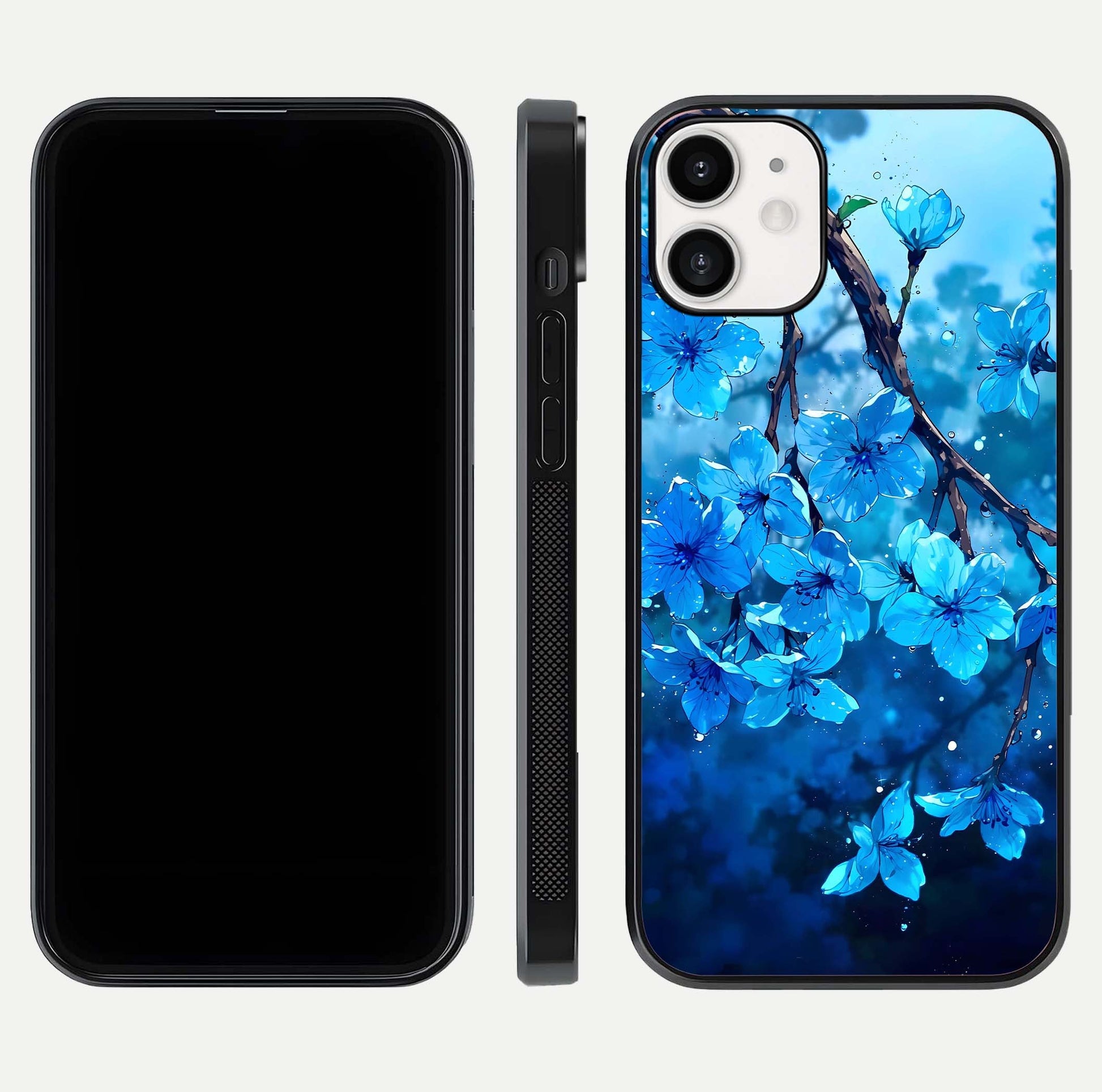 Blue Blossoms Branch Glass Case for iPhone 12 Mini dual-view layout displaying floral art and sleek protective frame