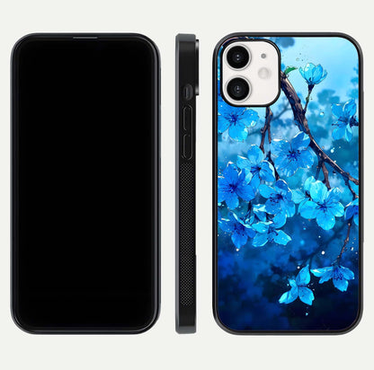 Blue Blossoms Branch Glass Case for iPhone 12 Mini dual-view layout displaying floral art and sleek protective frame