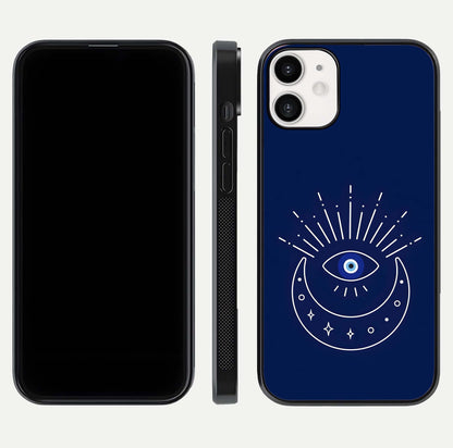 Blue Evil Eye Glass Case for iPhone 12 Mini front-and-back layout showing blue aura design and curved-edge clarity