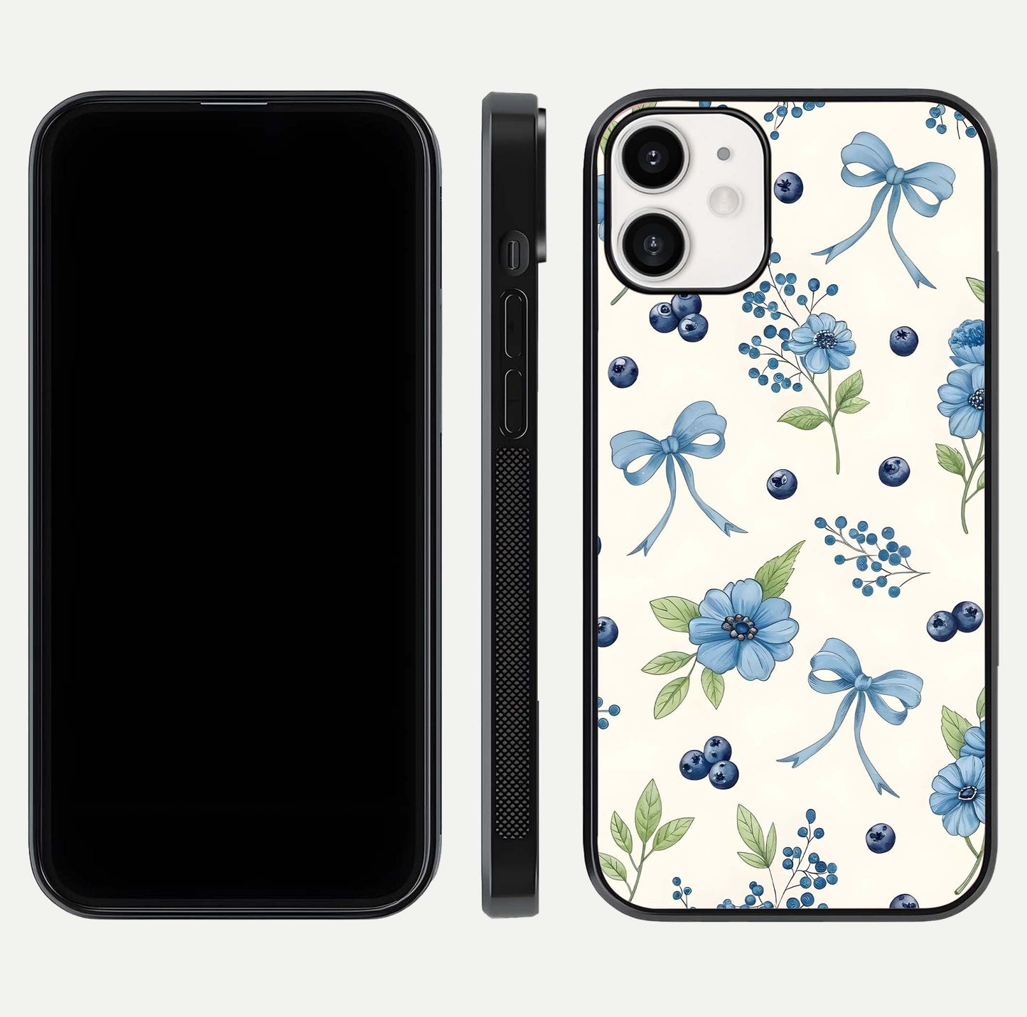 Blue Flower & Bow Glass Case for iPhone 12 Mini dual-view layout showing balanced pattern and smooth edges