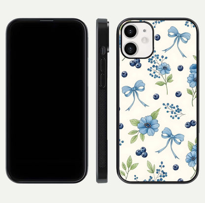 Blue Flower & Bow Glass Case for iPhone 12 Mini dual-view layout showing balanced pattern and smooth edges