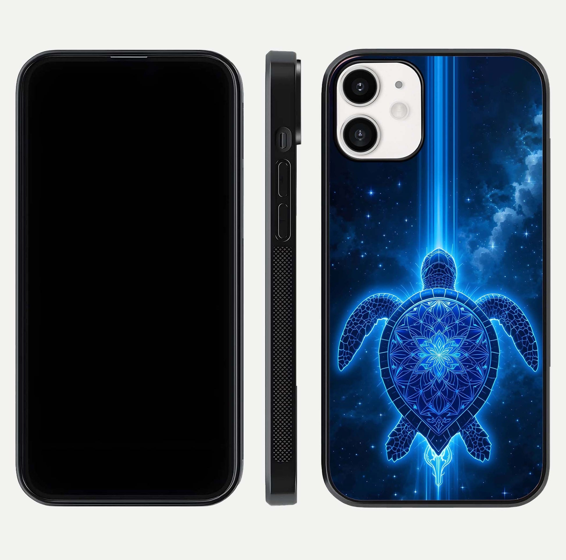 Blue Galaxy Turtle Glass Case for iPhone 12 Mini front-and-back layout highlighting cosmic art and reflective glass