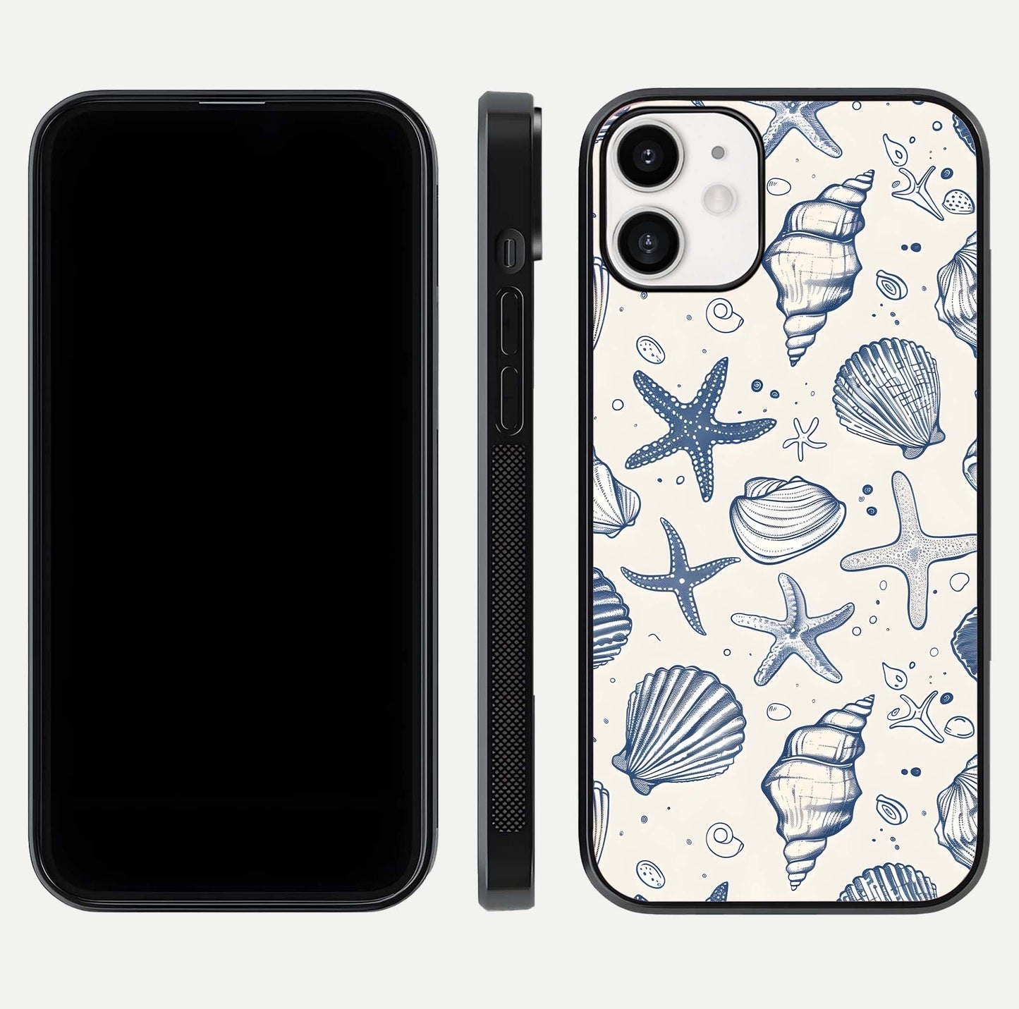 Blue Ocean Outline Glass Case for iPhone 12 Mini front-and-back layout showing minimal wave design and HD gloss