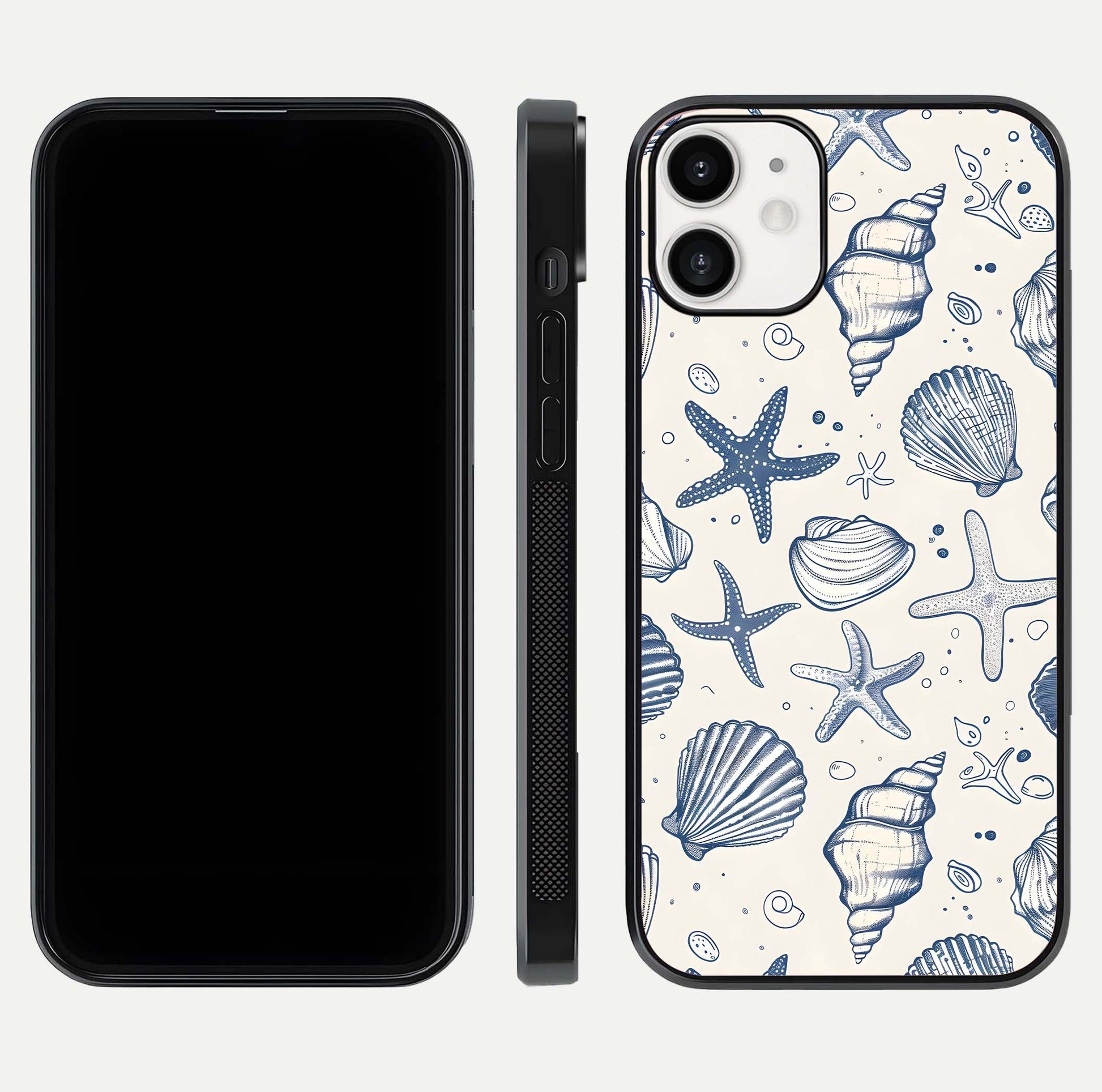 Blue Ocean Outline Glass Case for iPhone 12 Mini front-and-back layout showing minimal wave design and HD gloss