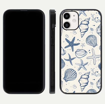 Blue Ocean Outline Glass Case for iPhone 12 Mini front-and-back layout showing minimal wave design and HD gloss