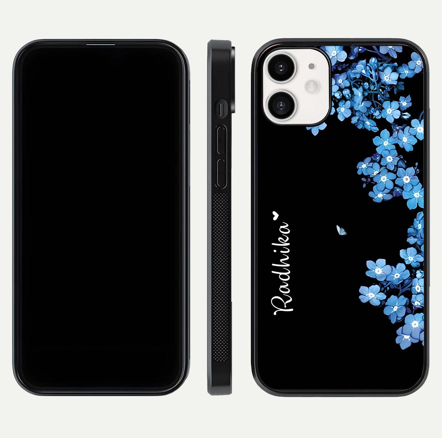 Blue Petal Dream Custom Name Glass Case for iPhone 12 Mini dual-view layout showing text placement and premium finish