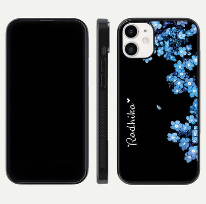 Blue Petal Dream Custom Name Glass Case for iPhone 12 Mini dual-view layout showing text placement and premium finish