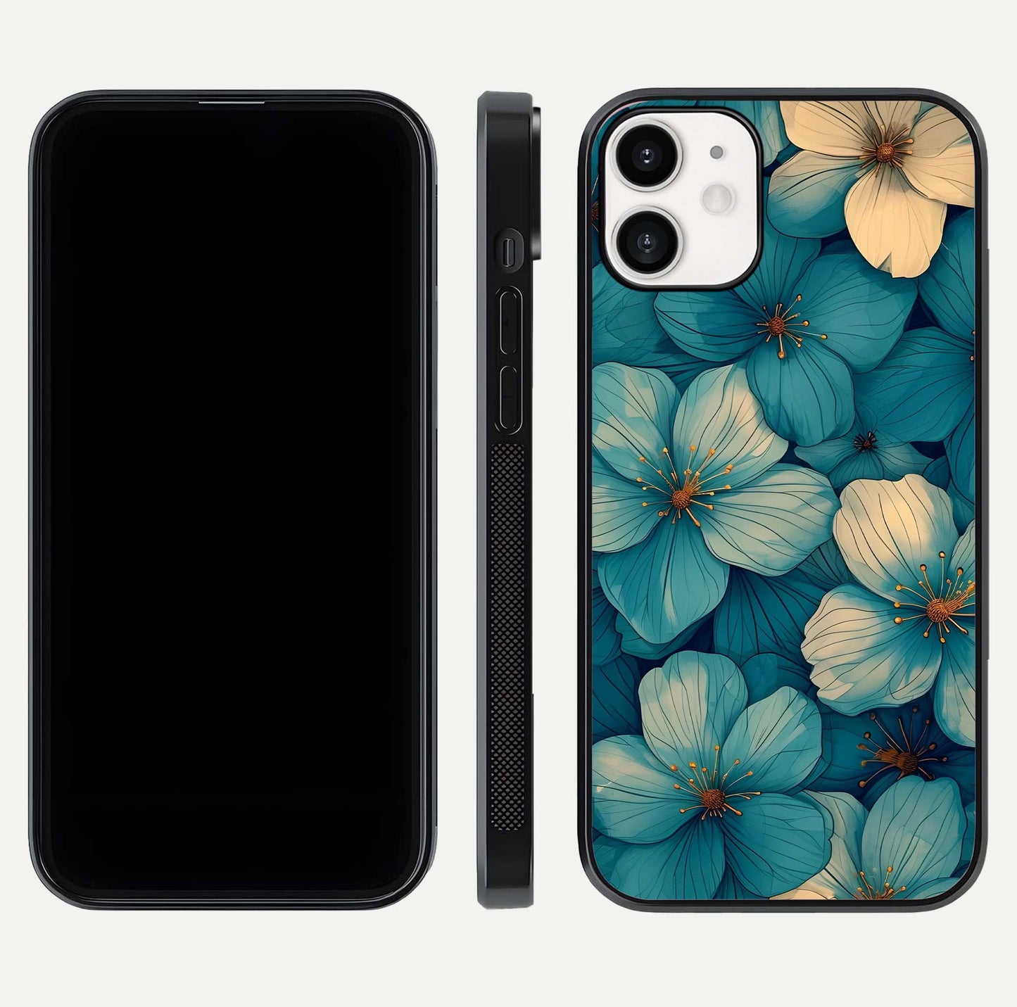 Blue Shade Floral Glass Case for iPhone 12 Mini front-and-back layout displaying bloom contrast and edge polish