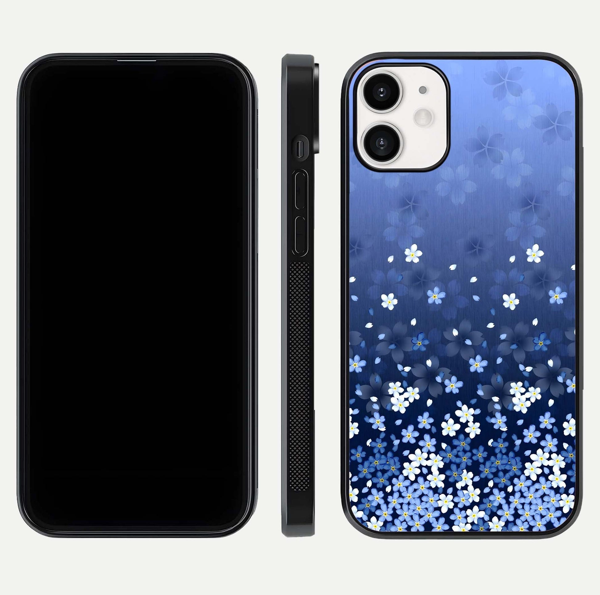 Blue Starry Glass Case for iPhone 12 Mini dual-view layout showing star spread and smooth edge shine