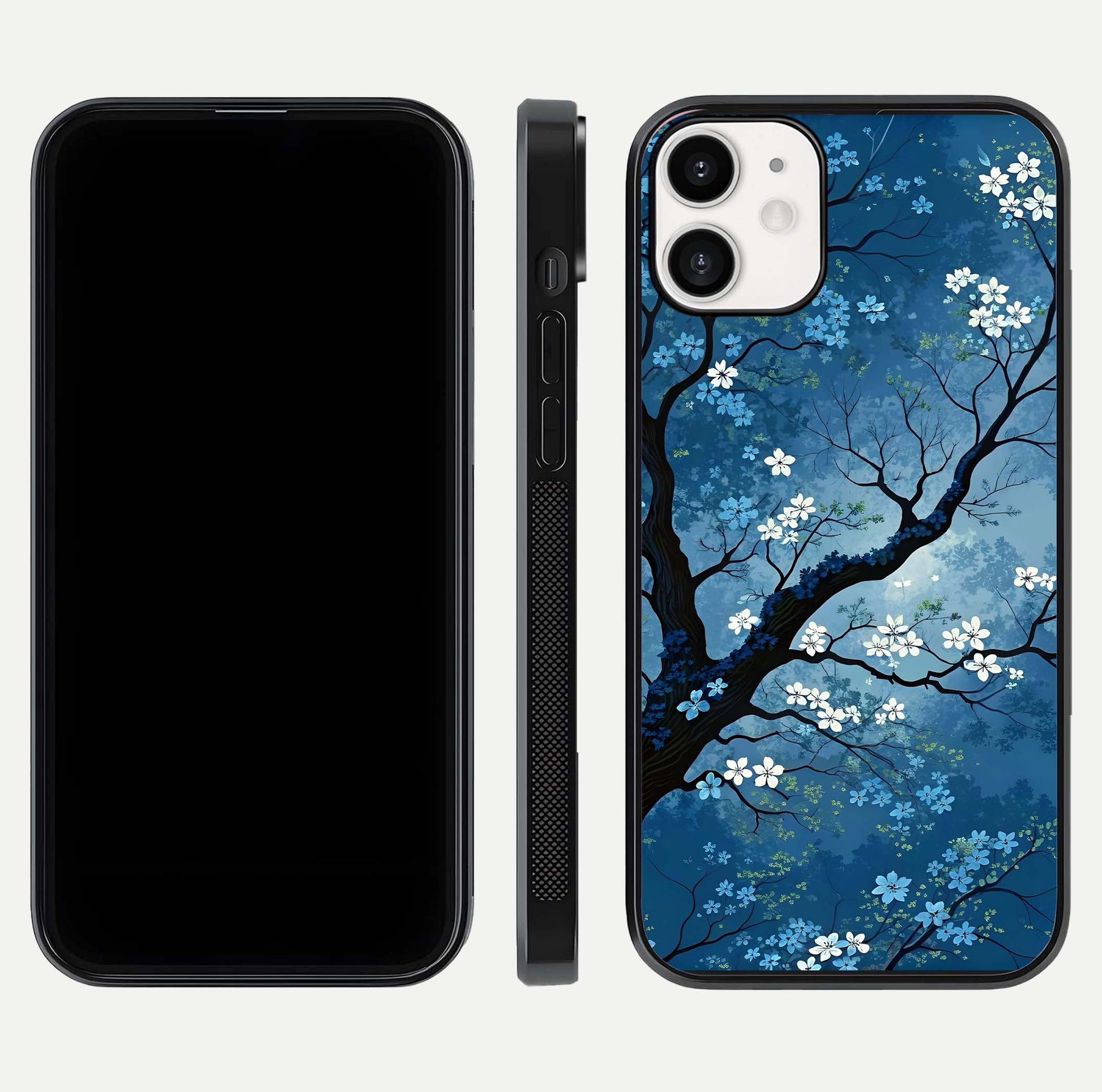 Blue Tree Serenity Glass Case for iPhone 12 Mini front-and-back layout showing gradient background and smooth edges