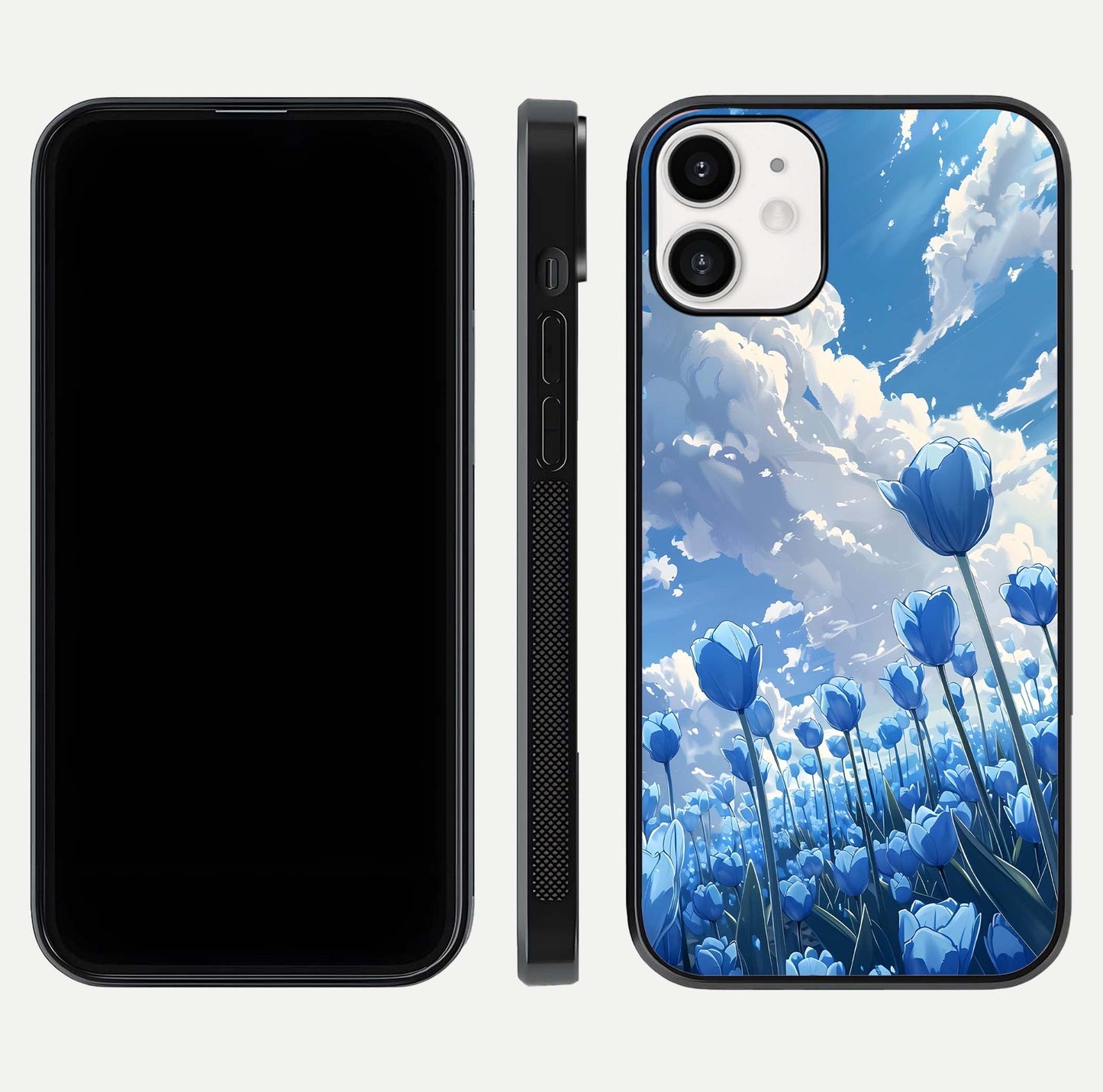 Blue Tulip Clouds Glass Case for iPhone 12 Mini front-and-back layout showcasing floral detail and polished edges