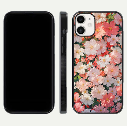 Blush Bloom Field Glass Case for iPhone 12 Mini dual-view layout showing bloom arrangement and protective frame