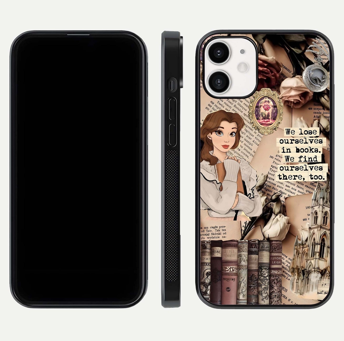 Bookish Dream World Glass Case for iPhone 12 Mini dual-view layout displaying colorful fantasy print and edge finish
