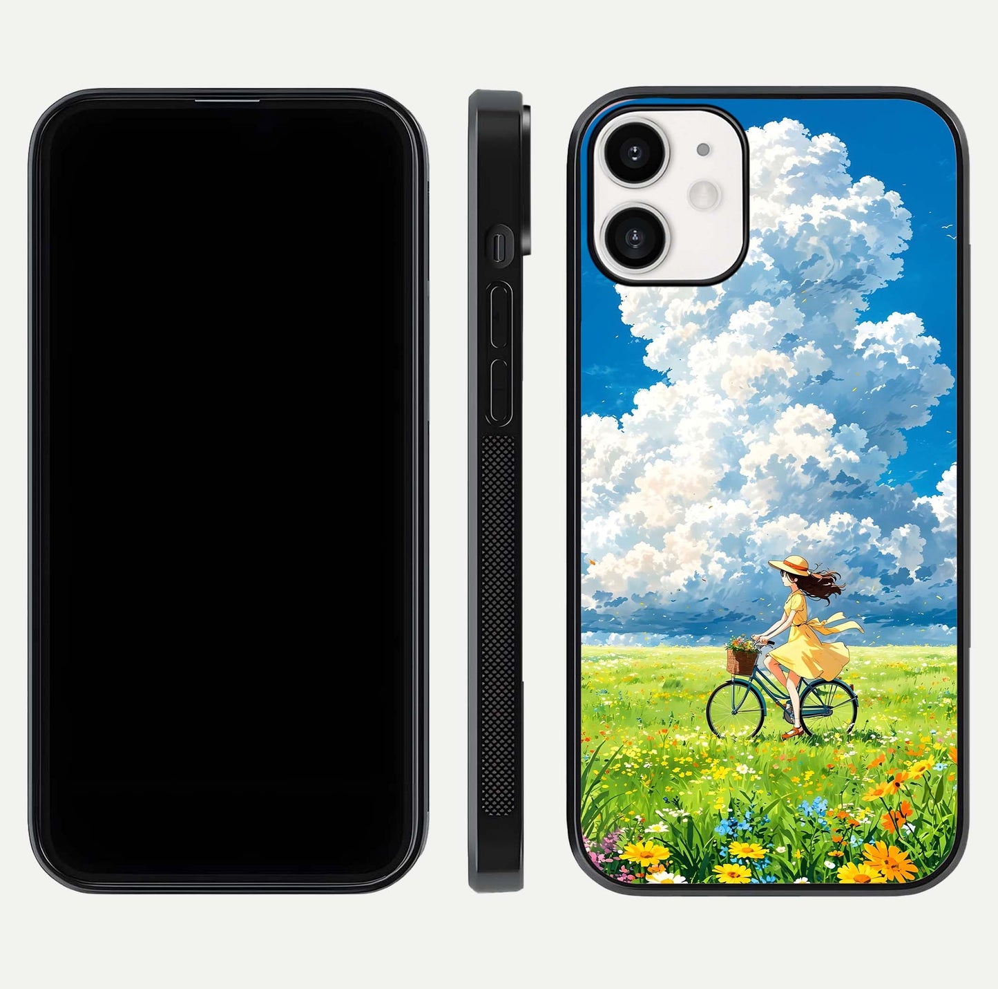 Breezy Meadow Ride Glass Case for iPhone 12 Mini dual-view layout showing soft landscape design and reflection gloss