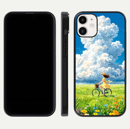 Breezy Meadow Ride Glass Case for iPhone 12 Mini dual-view layout showing soft landscape design and reflection gloss