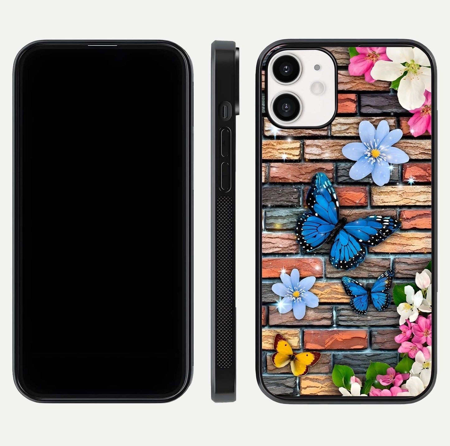 Brick Bloom Flight Glass Case for iPhone 12 Mini dual-view layout showing bloom placement and protective edge design