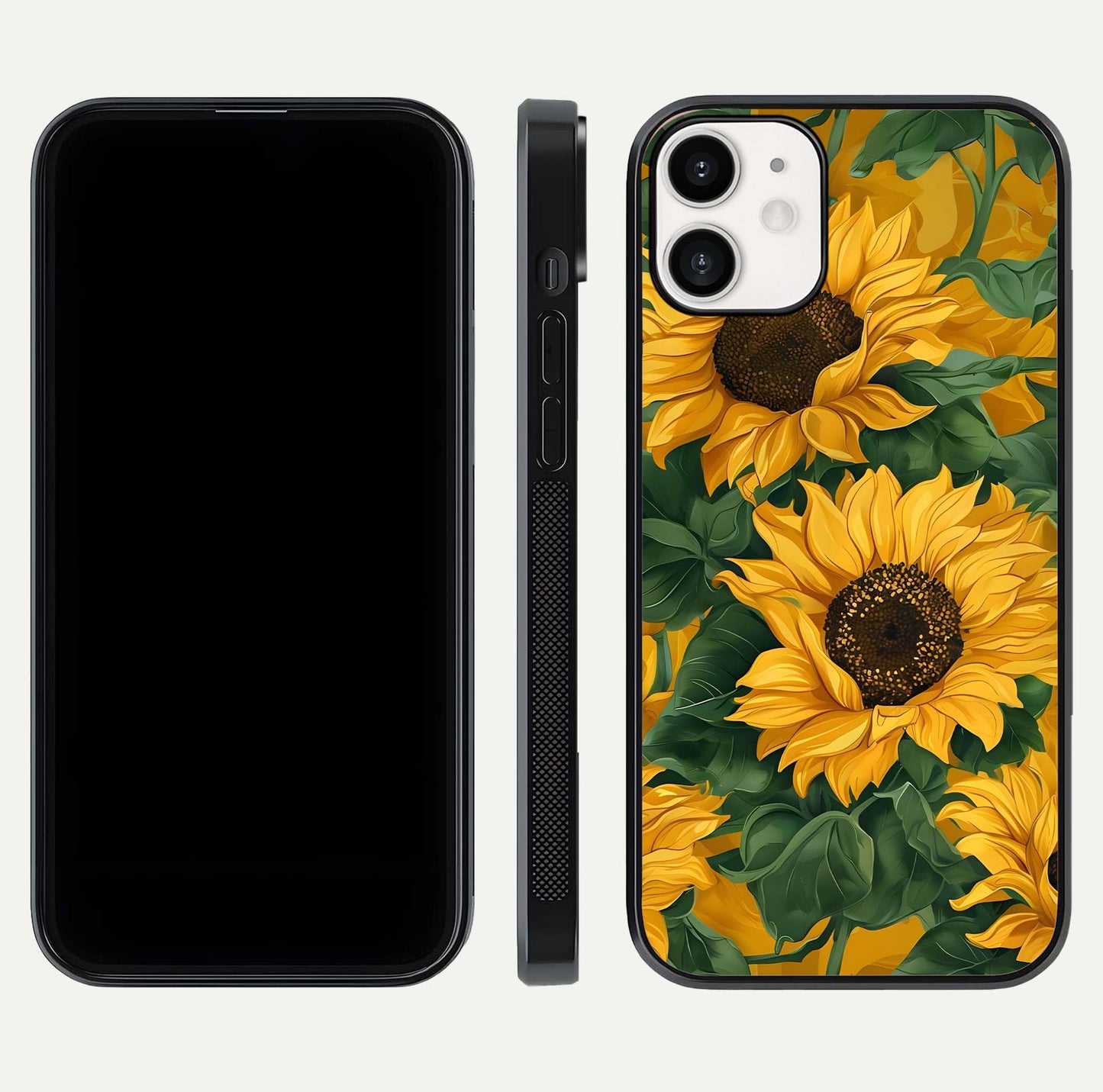 Bright Sunflower Bloom Glass Case for iPhone 12 Mini dual-view layout displaying floral glow and curved glass edge