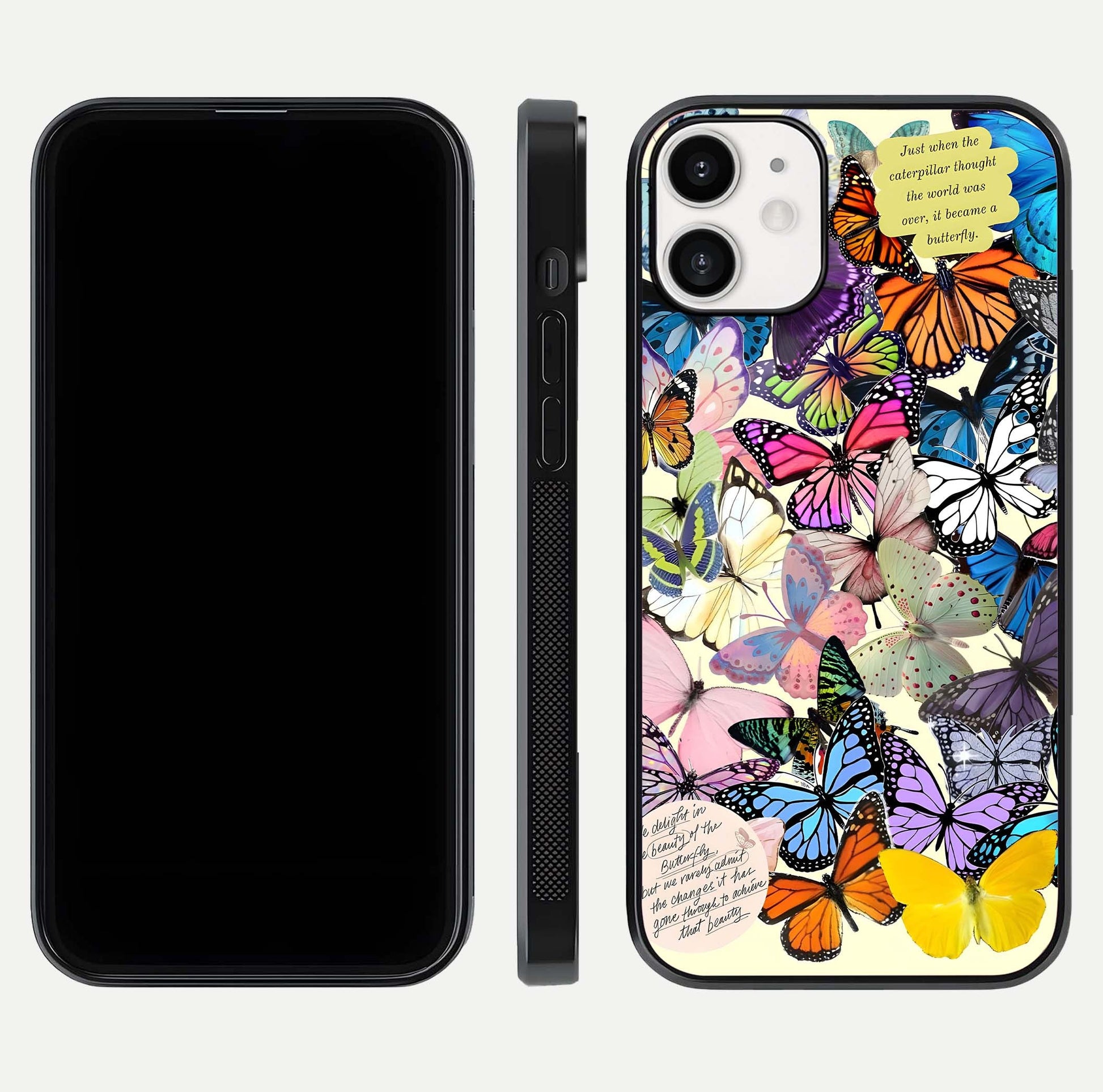 Butterflies Petal Dream Glass Case for iPhone 12 Mini front-and-back layout showcasing floral spread and reflection shine