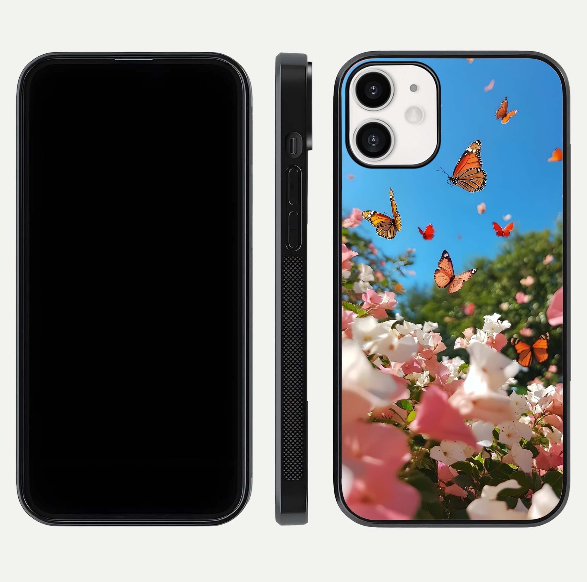Butterflies in Bloom Sky Glass Case for iPhone 12 Mini dual-view layout displaying elegant composition and glass gloss