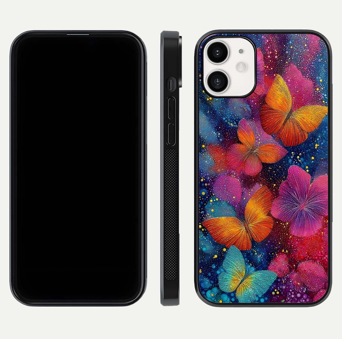 Butterfly Dream Mist Glass Case for iPhone 12 Mini dual-view layout showing mist background and edge polish