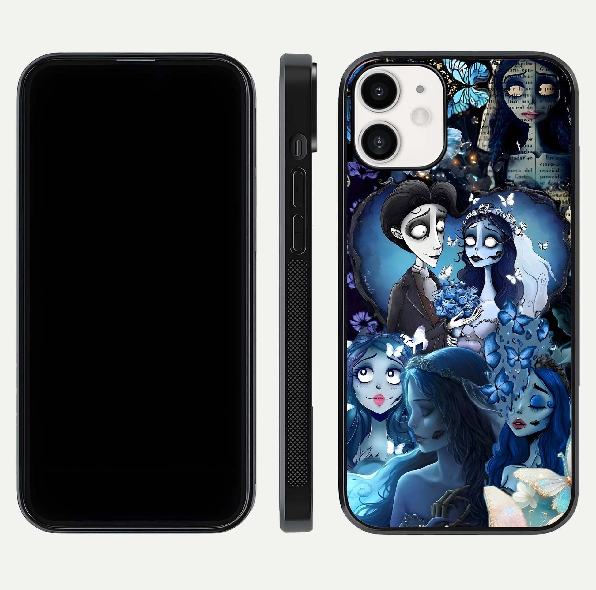 Butterfly Ghost Soul Glass Case for iPhone 12 Mini front-and-back layout highlighting dark art balance and HD shine