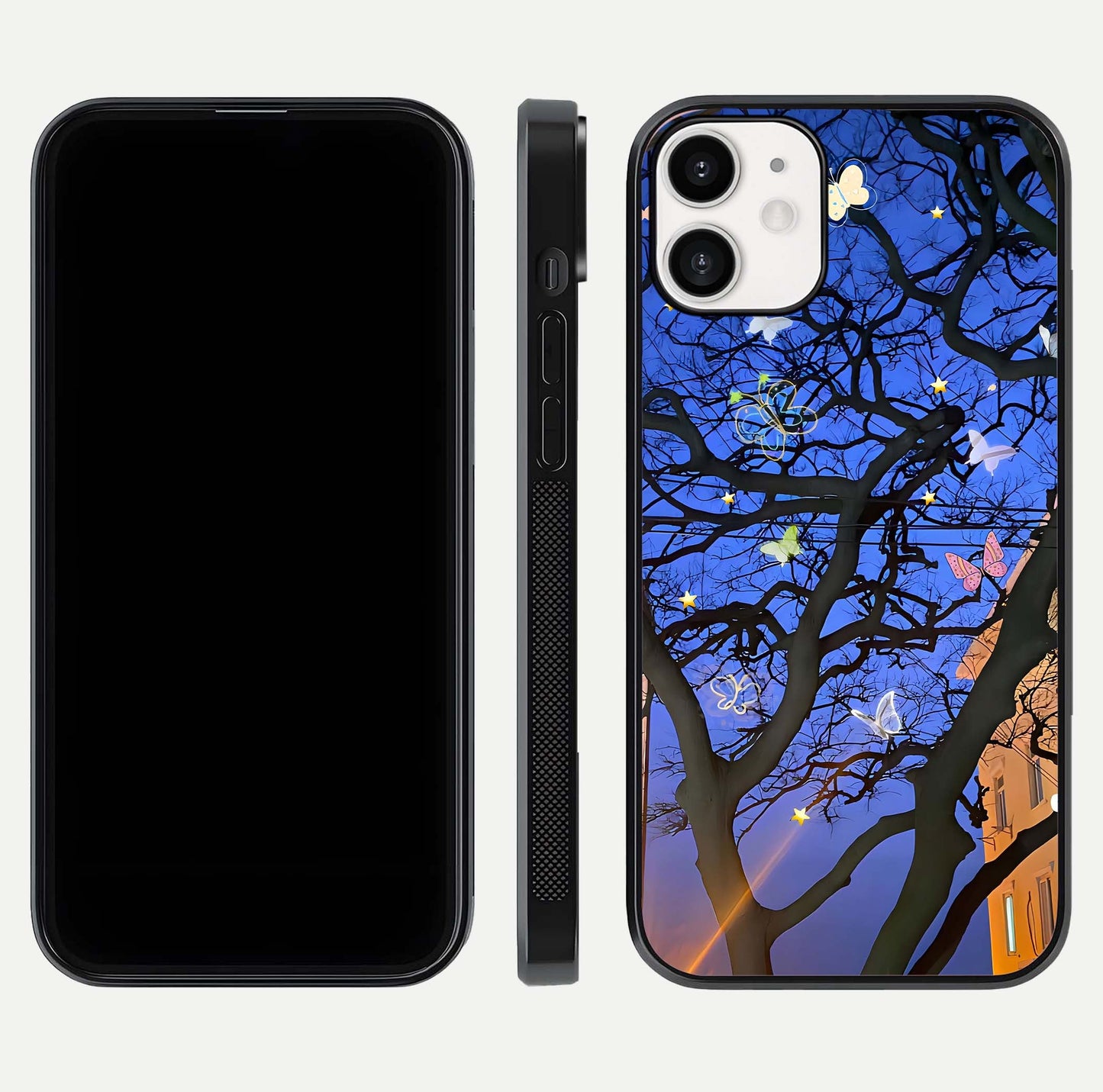 Butterfly Night Magic Glass Case for iPhone 12 Mini dual-view layout displaying balanced art and edge clarity