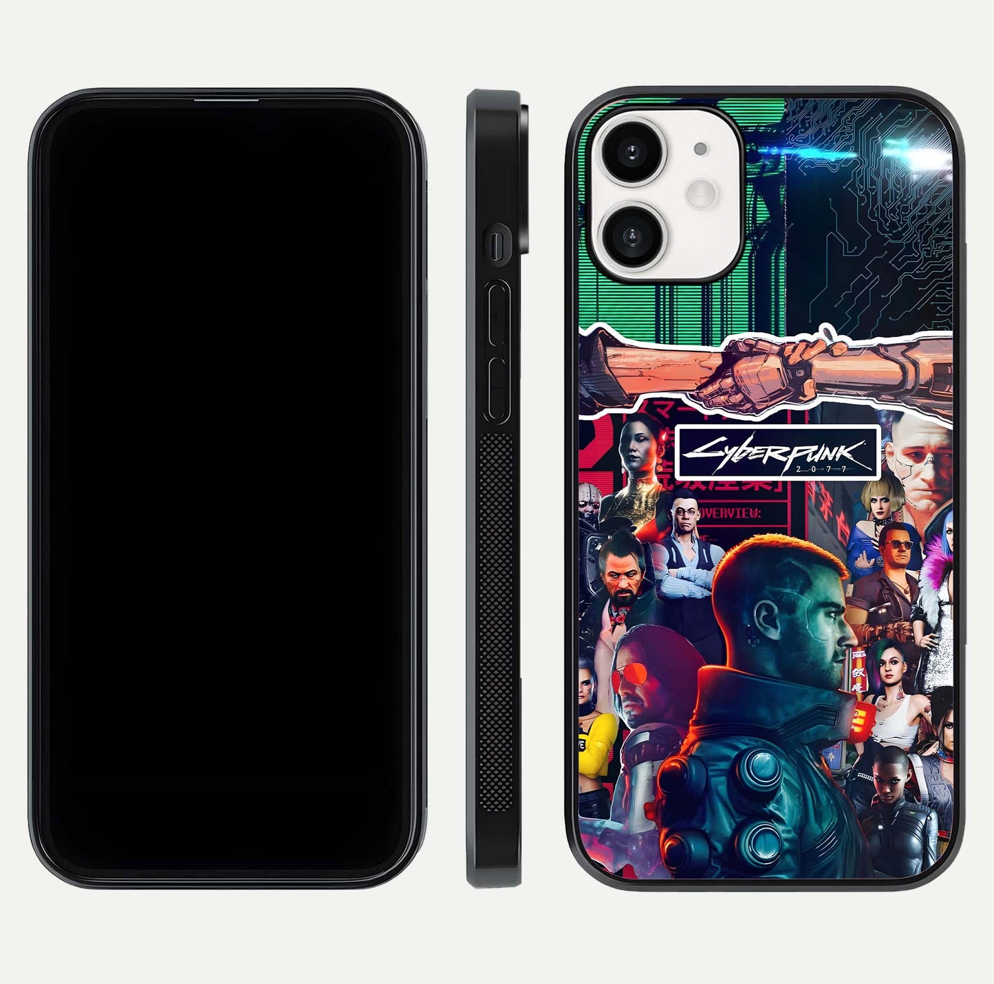 CYBERPUNK Legacy Glass Case for iPhone 12 Mini dual-view layout showing cyberpunk hues and glass precision