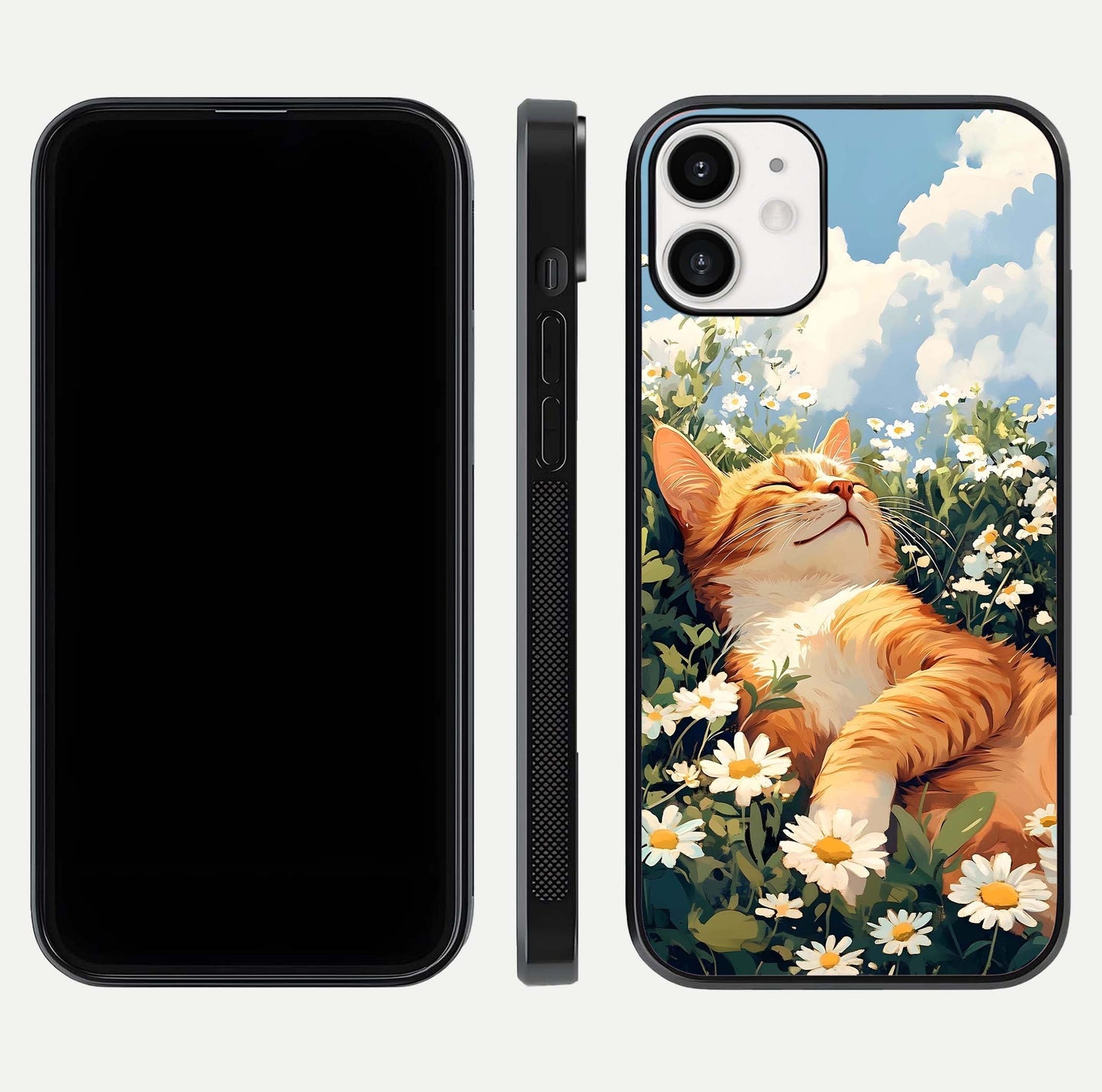 Cat & Flowers View Glass Case for iPhone 12 Mini front-and-back layout showing floral balance and gloss surface