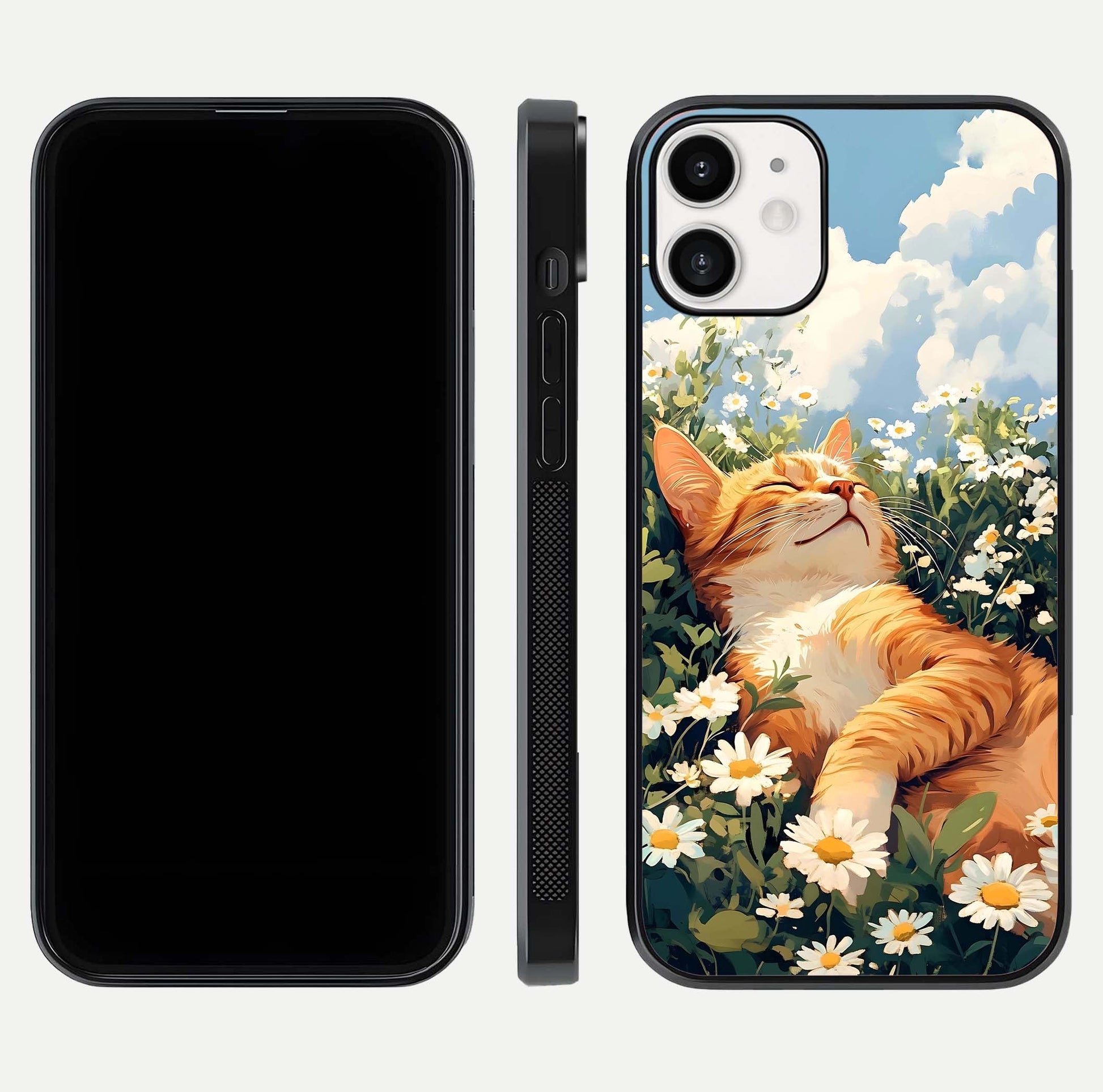 Cat & Flowers View Glass Case for iPhone 12 Mini front-and-back layout showing floral balance and gloss surface