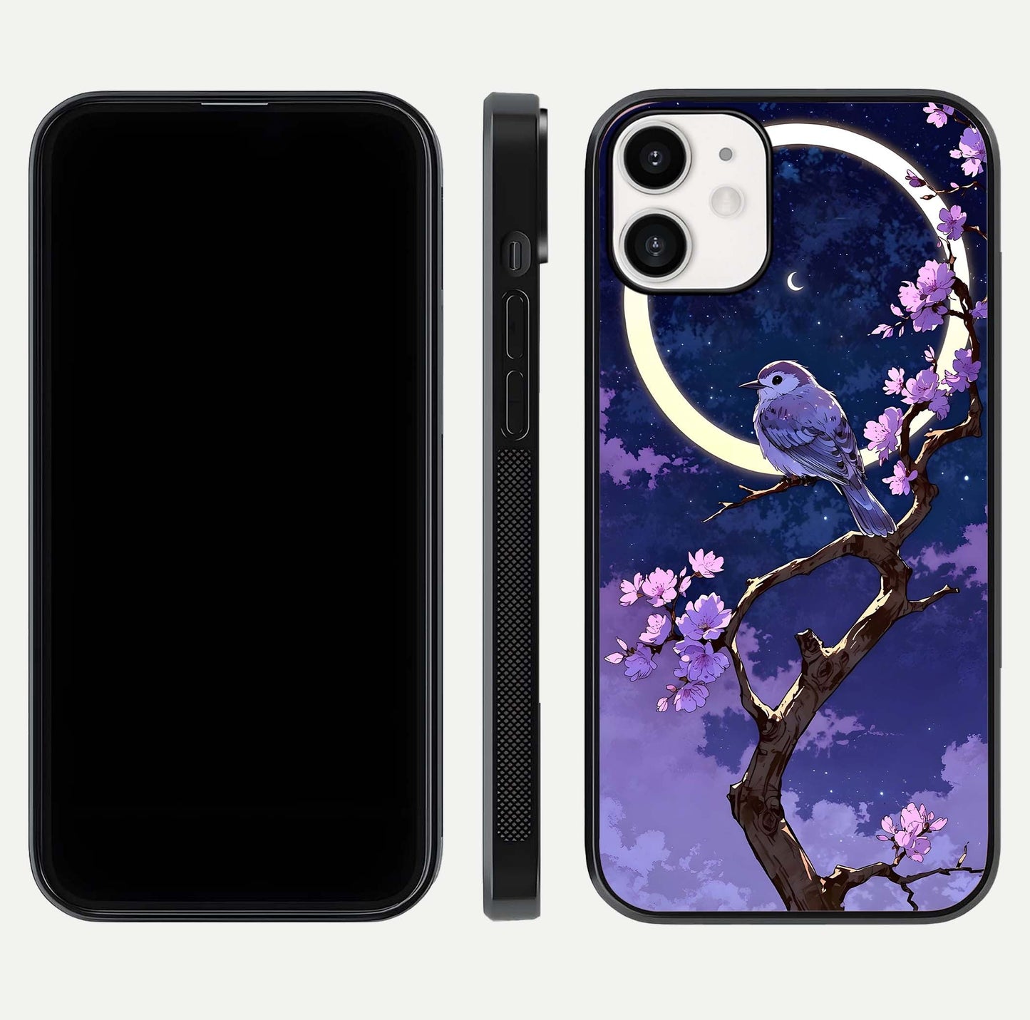Celestial Bird Blossom Glass Case for iPhone 12 Mini dual-view layout showing art composition and edge clarity